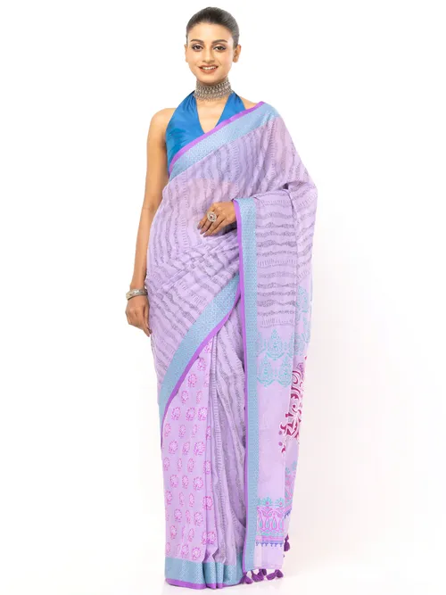 Periwinkle Printed and Embroidered Cotton Saree