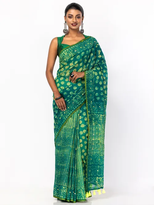 Green Wax Dyed and Embroidered Cotton Saree