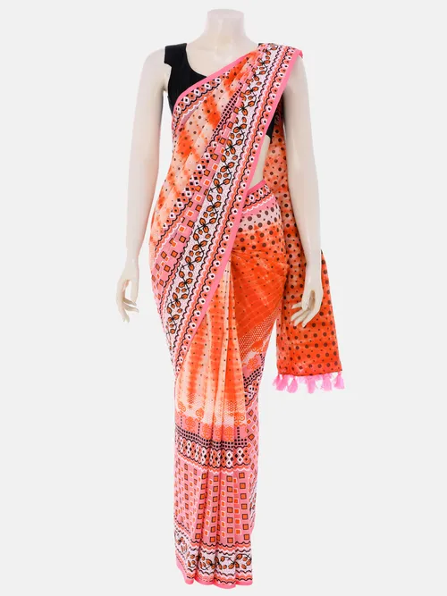 Multicolour Printed and Tie-Dyed Cotton Saree
