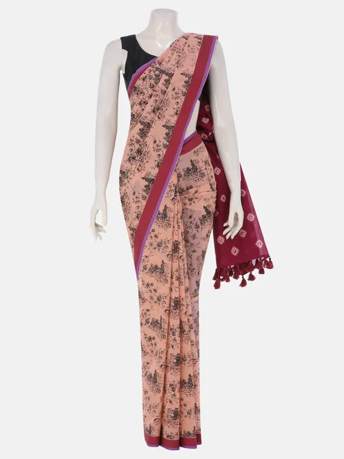 Peach Tie-Dyed and Printed Cotton Saree