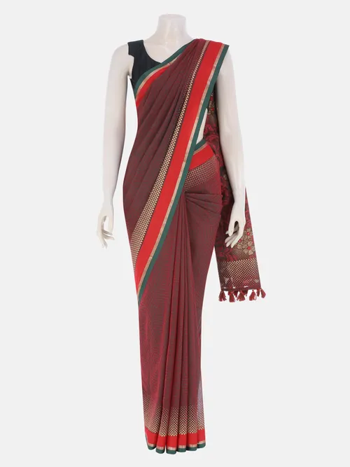 Red Printed and Erri Embroidered Cotton Saree