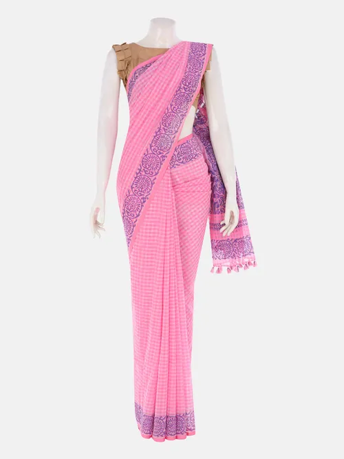 Pink Check Printed Cotton Saree
