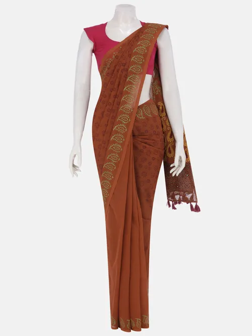 Rust Printed and Appliqued Cotton Saree