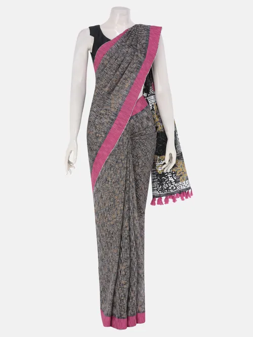Black Printed and Embroidered Cotton Saree