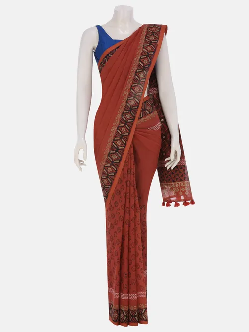 Brick Red Printed and Embroidered Cotton Saree
