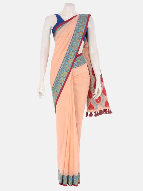 Peach Appliqued and Embroidered Cotton Saree