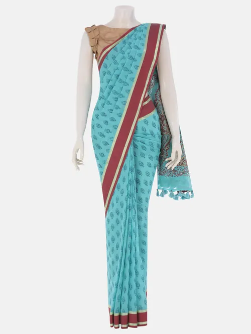 Pastel Blue Printed and Embroidered Cotton Saree