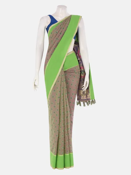 Green and Fuchsia Dual Tone Printed and Appliqued Cotton Saree