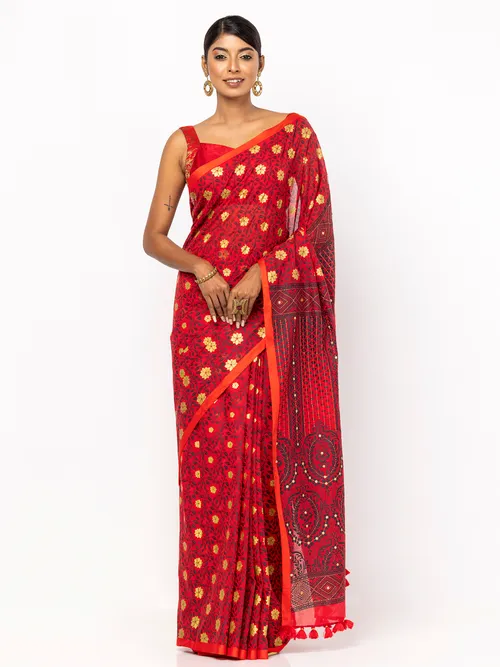 Red Printed and Embroidered Cotton Saree
