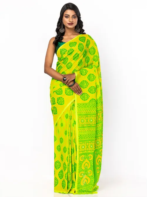 Lime Green Printed Cotton Saree