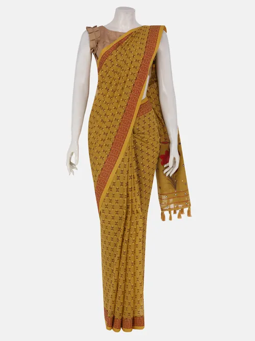 Mustard Yellow Printed, Appliqued and Embroidered Cotton Saree