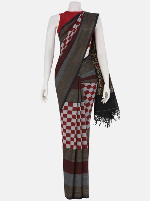 Red Check Tangail Cotton Shambalpuri Saree