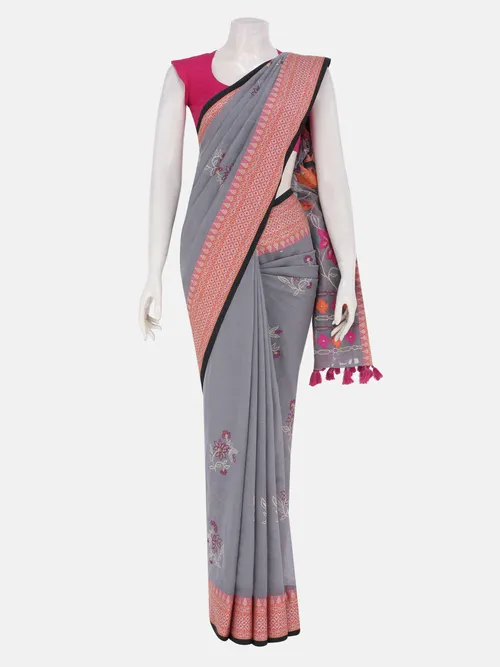 Grey Appliqued and Embroidered Cotton Saree