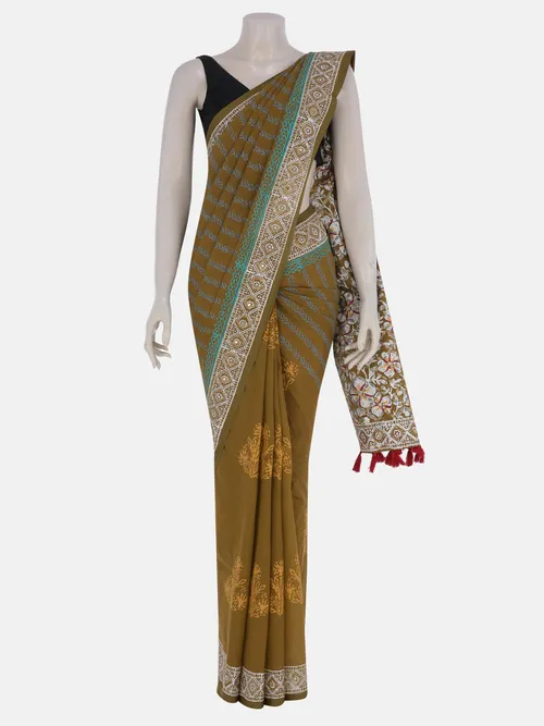 Olive Printed Cotton Saree