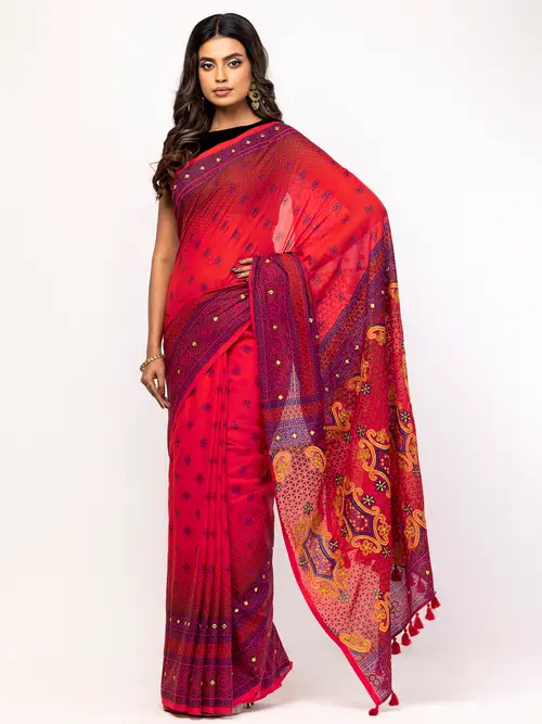 Red Printed and Embroidered Cotton Saree
