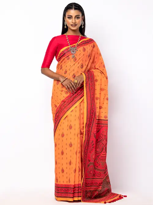 Orange Printed Cotton Saree