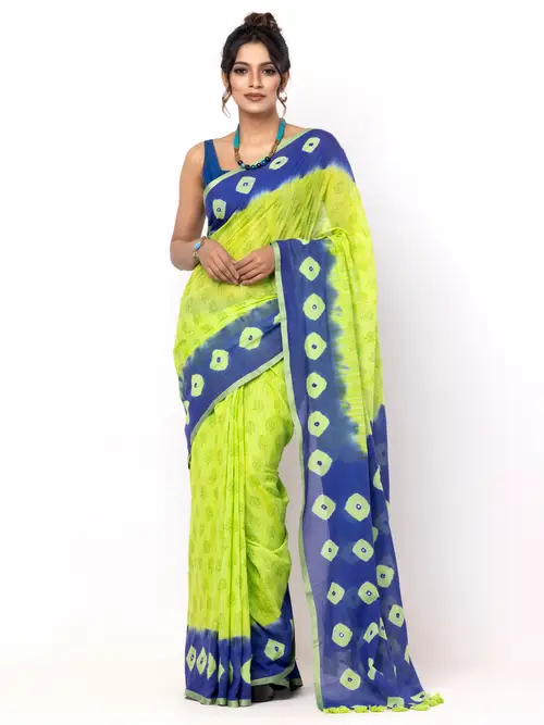 Lime Green Tie-Dyed and Brush Painted Cotton Saree