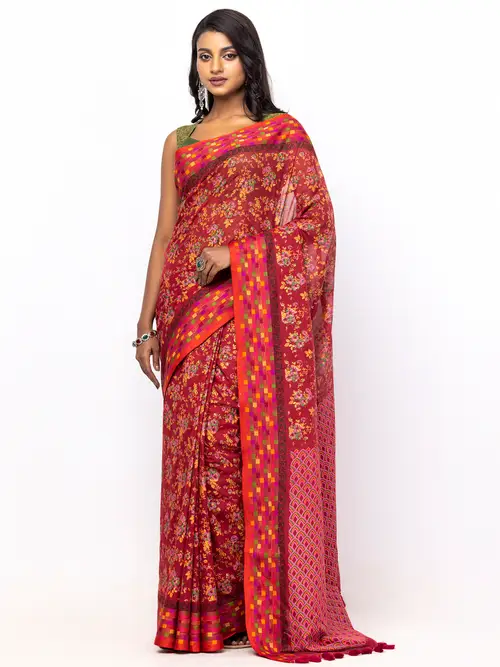 Dark Magenta Printed Cotton Saree