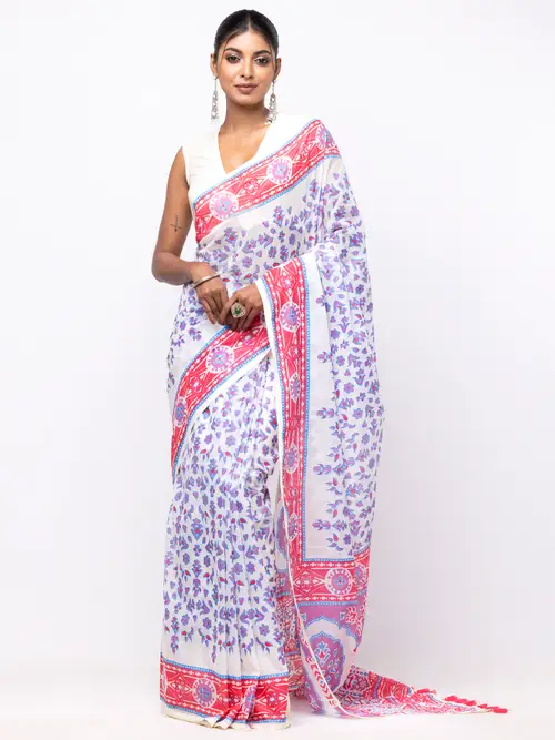 White Printed Cotton Saree