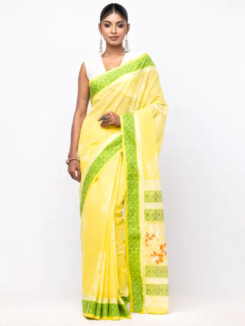 Yellow Appliqued and Embroidered Cotton Saree