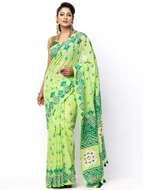 Parrot Green Appliqued and Embroidered Cotton Saree