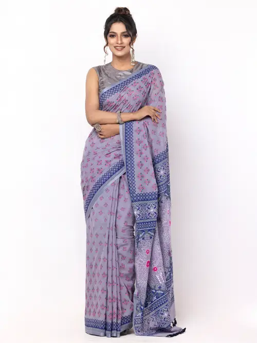Lavender Tie-Dyed and Embroidery Cotton Saree