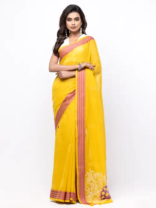 Yellow Appliqued and Embroidered Cotton Saree