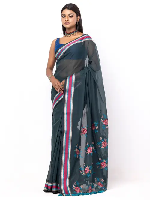 Dark Pine Green Appliqued Cotton Saree