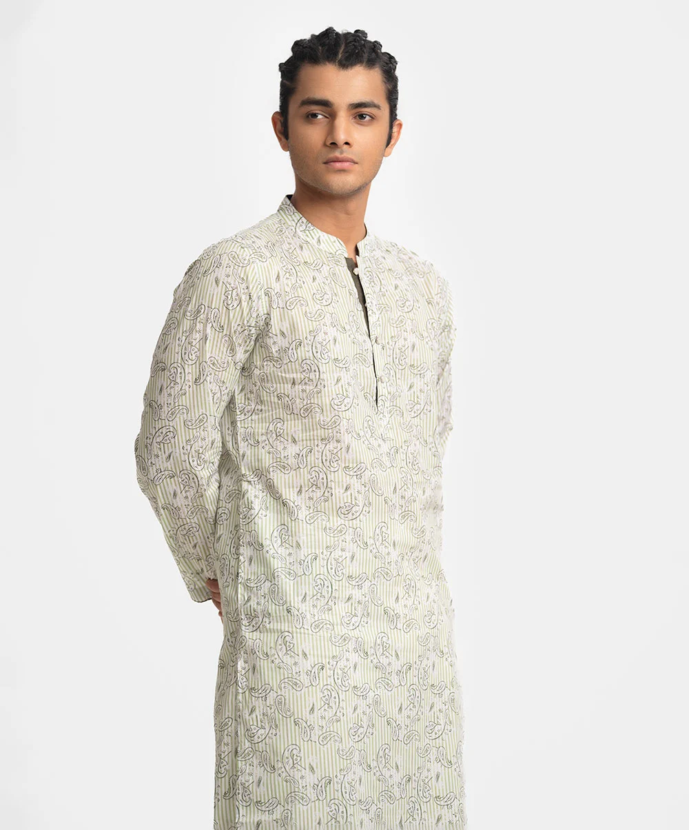 Green Cotton Fitted Panjabii