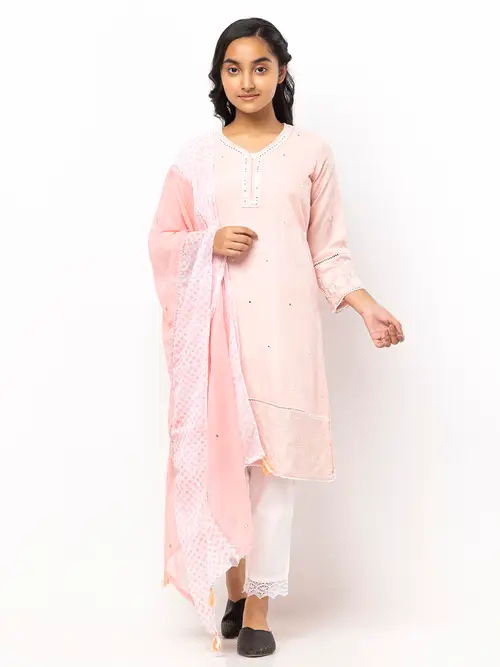 Peach Printed and Embroidered Linen Shalwar Kameez