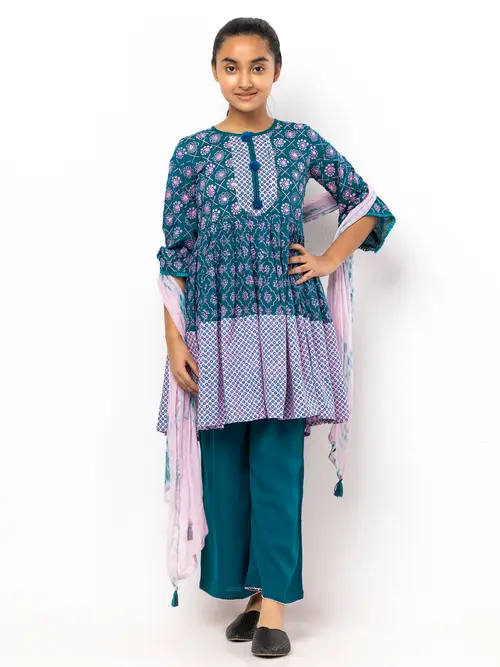Teal Printed and Tie-Dyed Linen Shalwar Kameez
