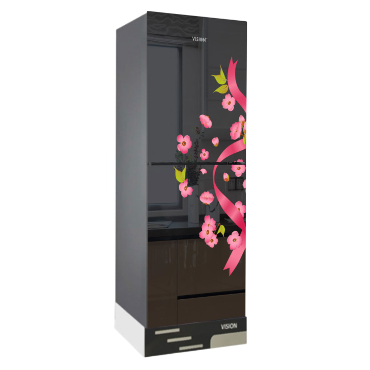 VISION Glass Door Refrigerator RE-217 Liter Mirror Red Ribbon Top Mount