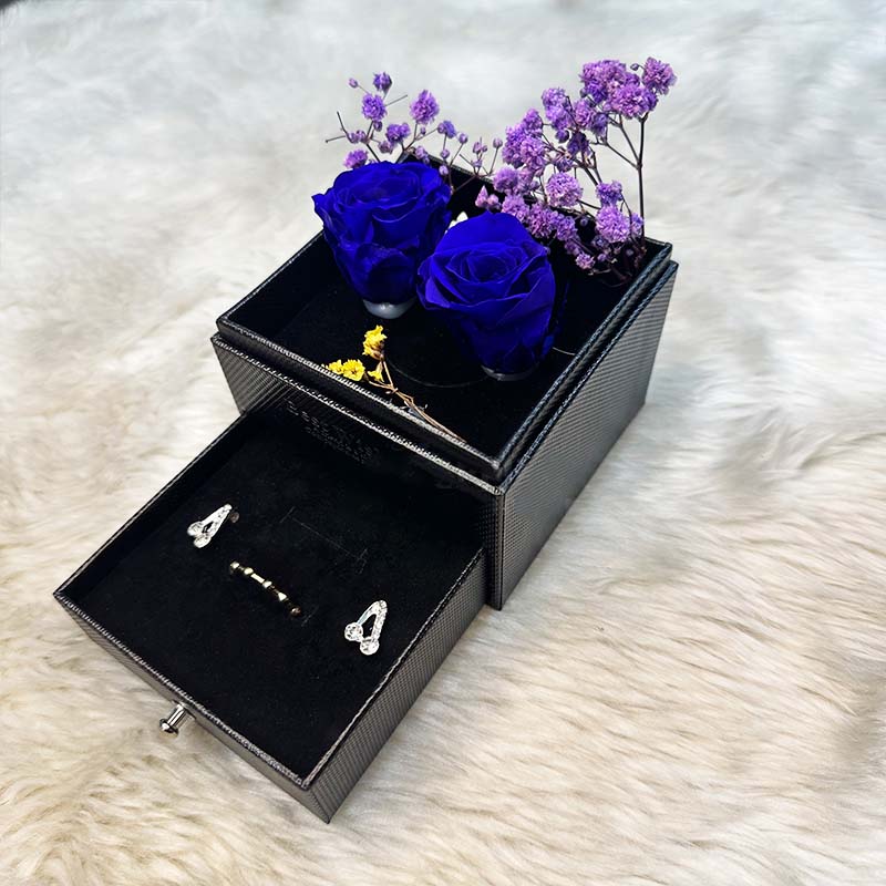 Premium Blue Preserved Rose Box With Jewelry