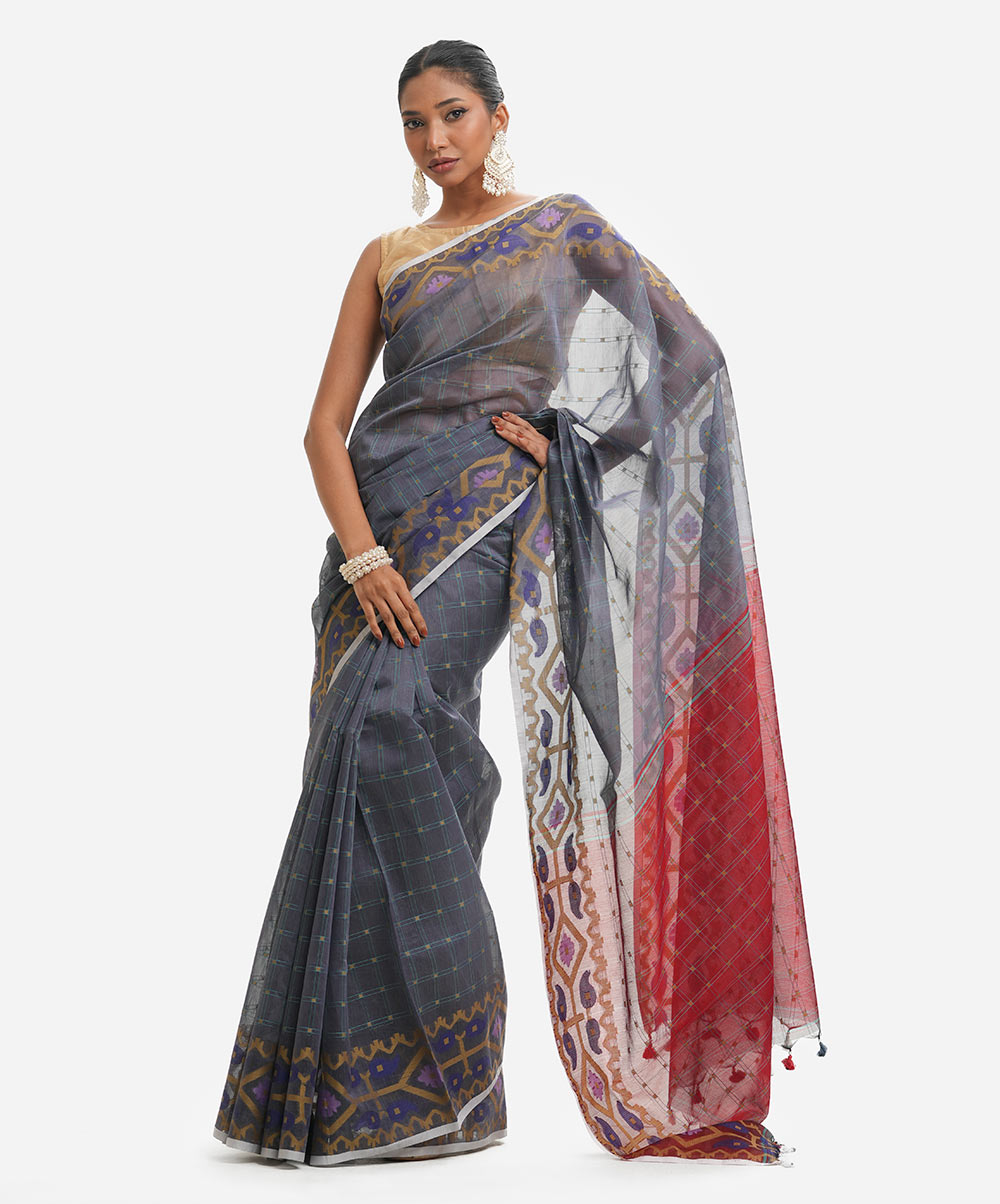 Ash & Maroon Half-silk Saree