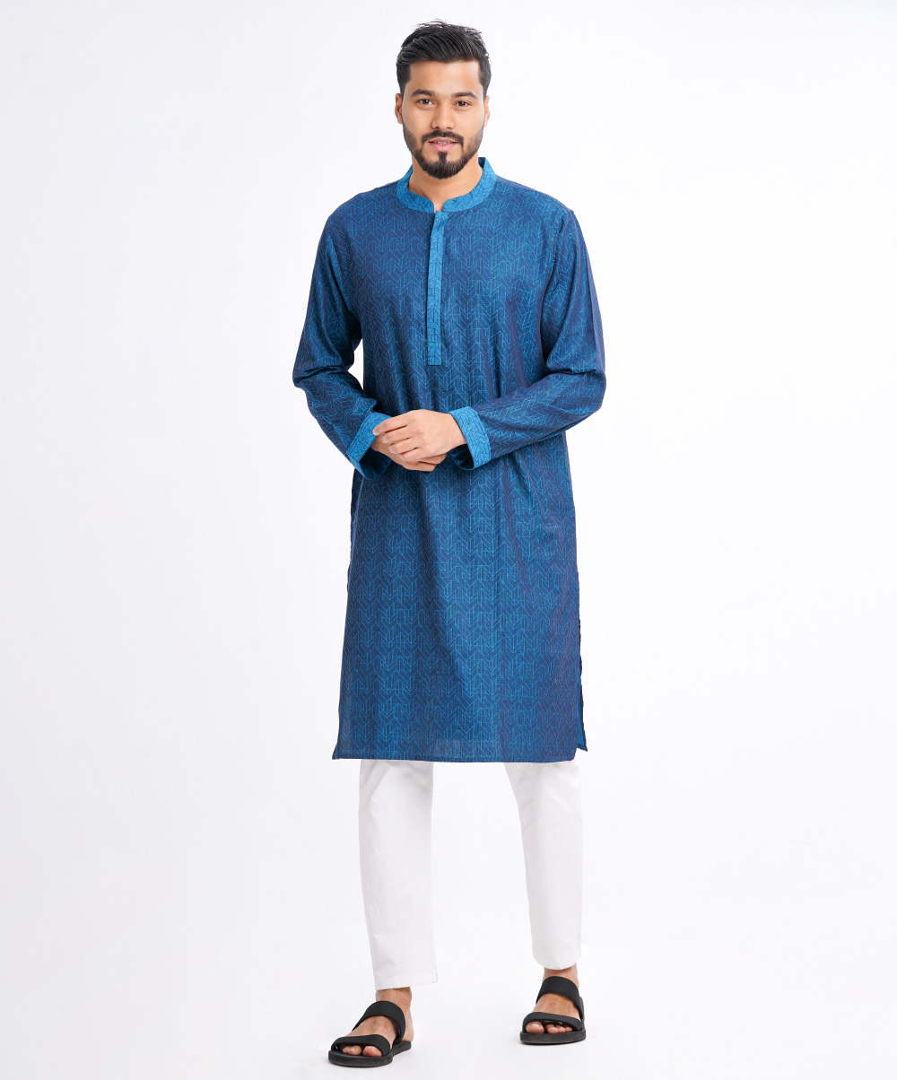 Blue Fitted Jacquard Cotton Panjabi