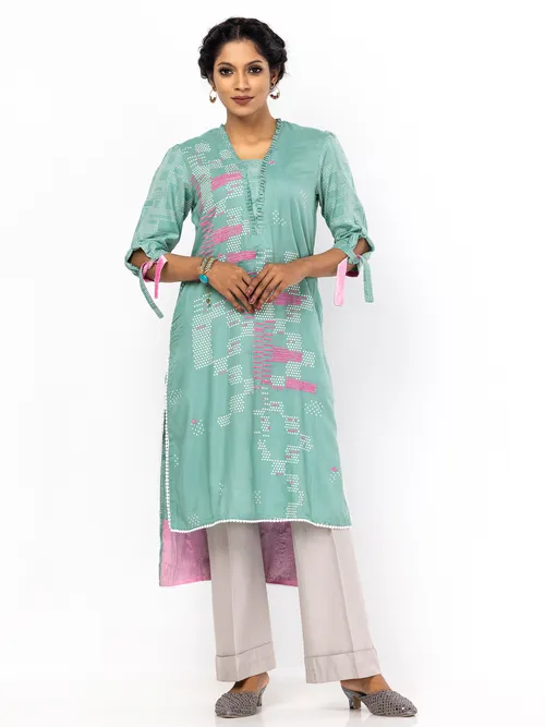 Mint Green Printed and Embroidered Viscose Kurta