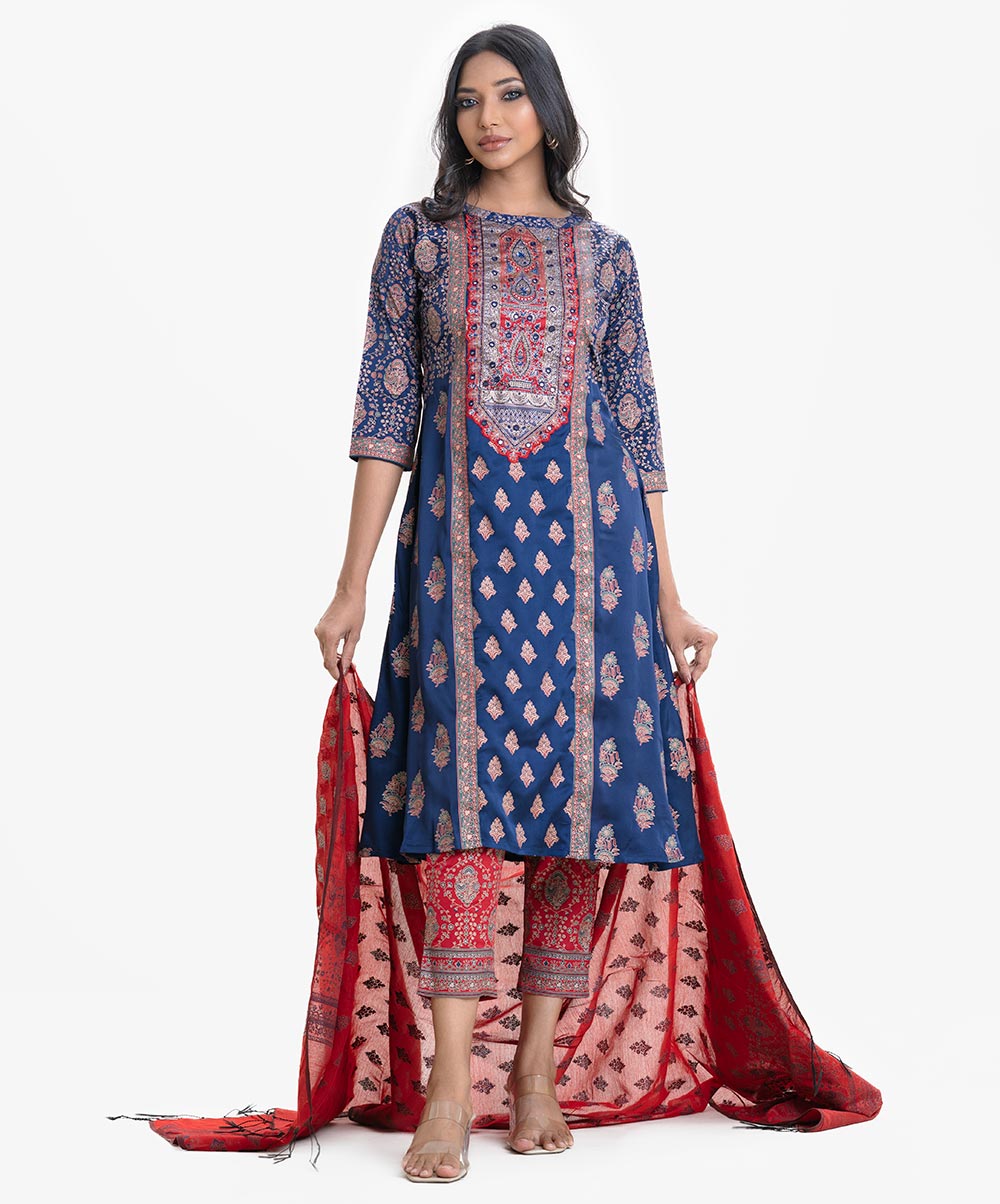 Blue Crepe A-Line Salwar Kameez