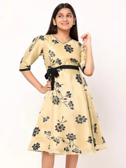 Golden Printed Mixed Cotton Party Frock