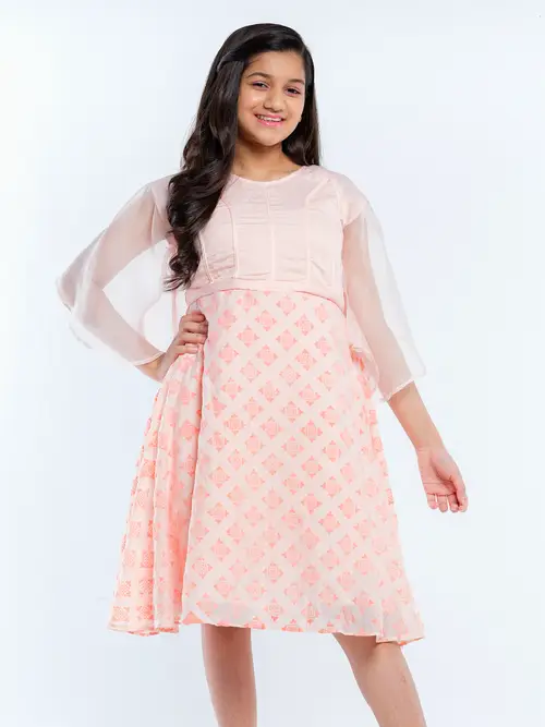 Pink Printed Mixed Cotton Party Frock
