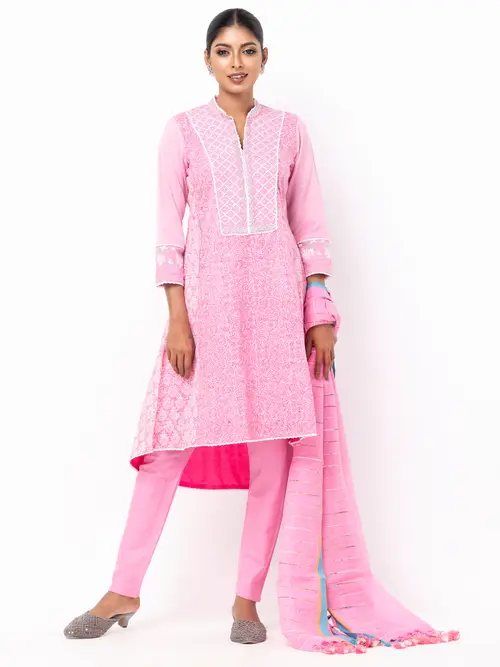 Pink Printed and Embroidered Handloom Cotton Shalwar Kameez