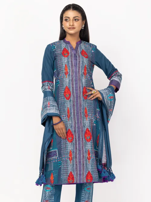 Dark Teal Wax Dyed and Embroidered Handloom Viscose-Cotton Shalwar Kameez