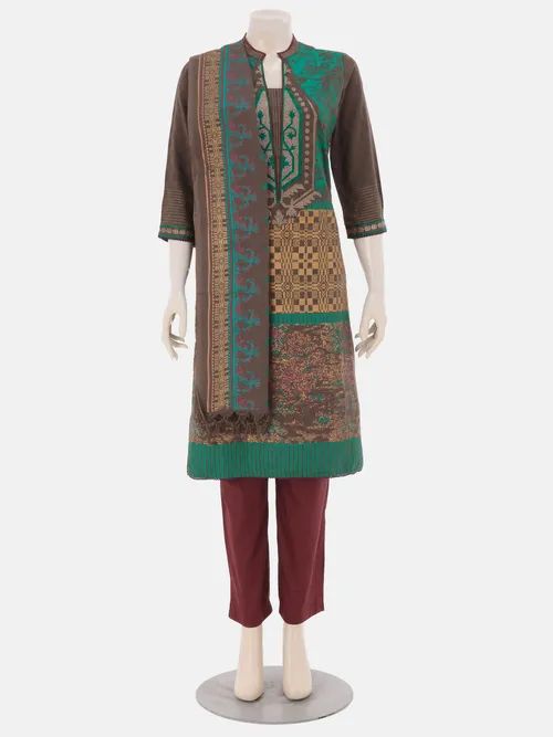 Brown Printed and Embroidered Cotton Shalwar Kameez