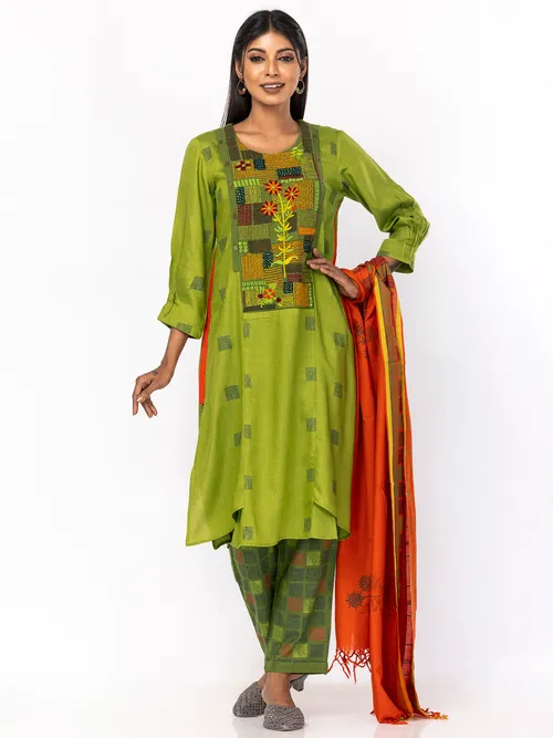 Green Printed and Embroidered Viscose-Cotton Shalwar Kameez