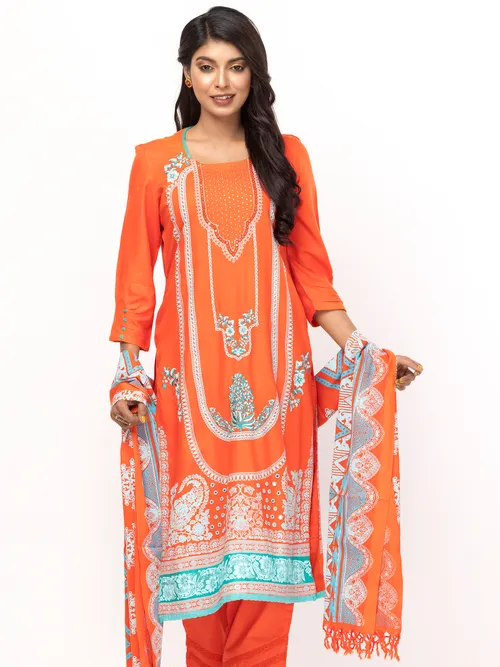 Orange Printed and Embroidered Viscose Shalwar Kameez