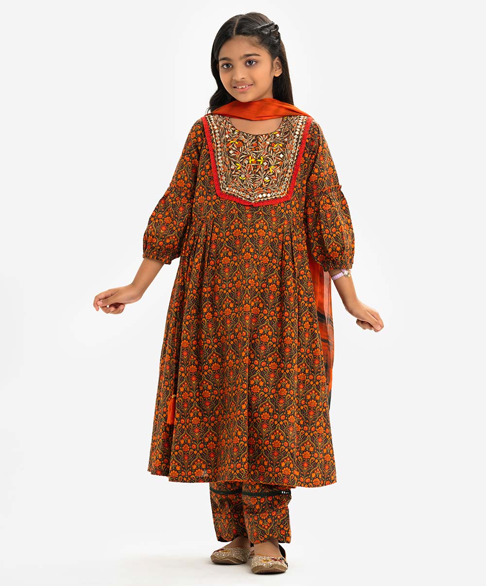 Black Cotton A-line Salwar Kameez