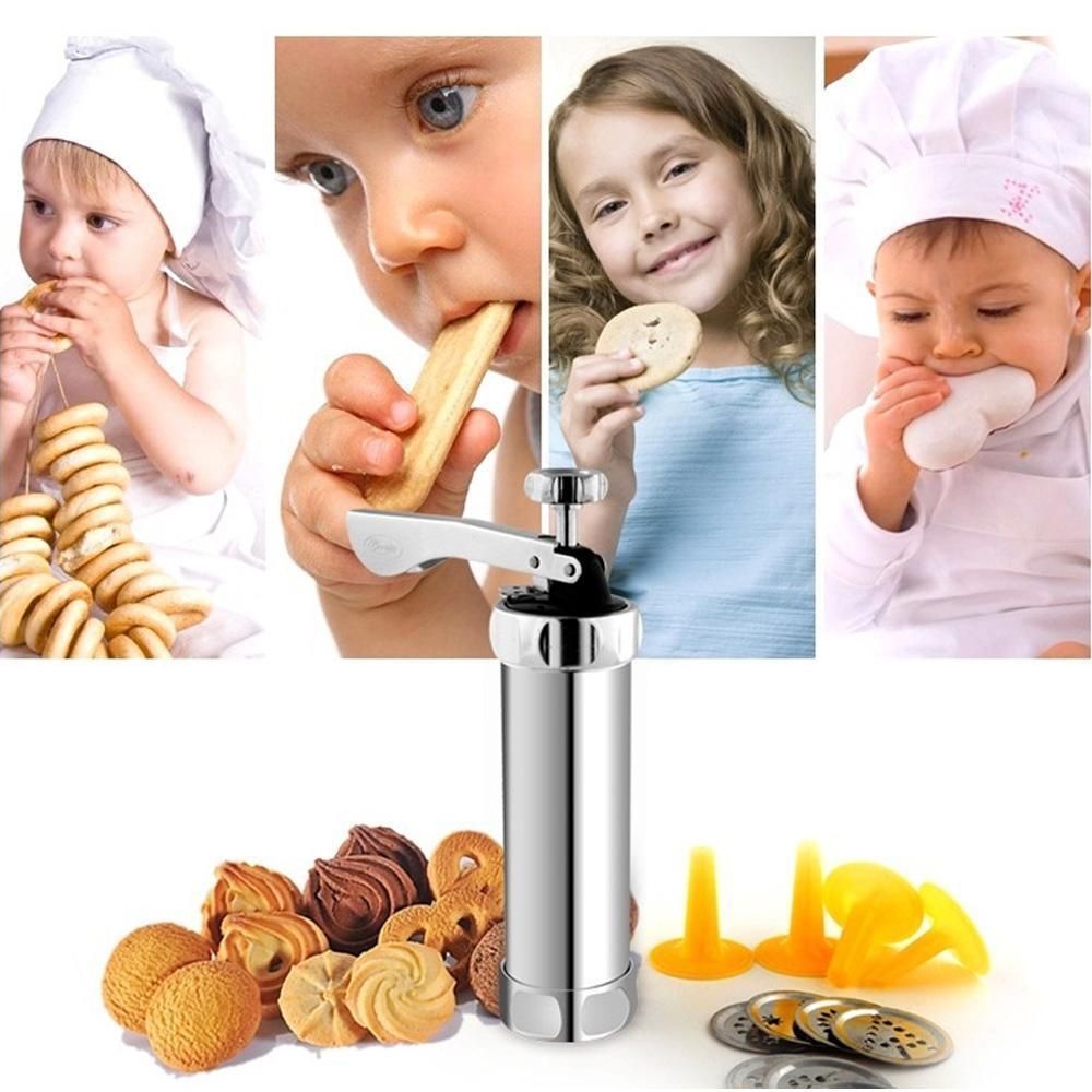 Cookie Maker Press Machine with 4 nozzles and 10 different molds.