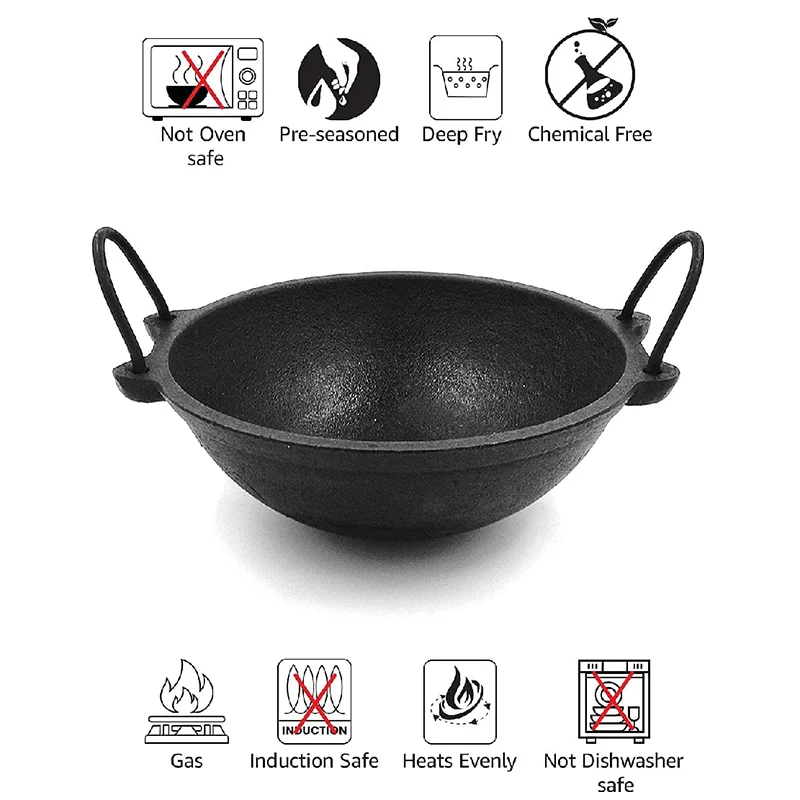 Small Cast Iron Kadai 8 Inch/20cm (Ready to Use-Hand Seasoned by Village Ladies Using Oil), Black