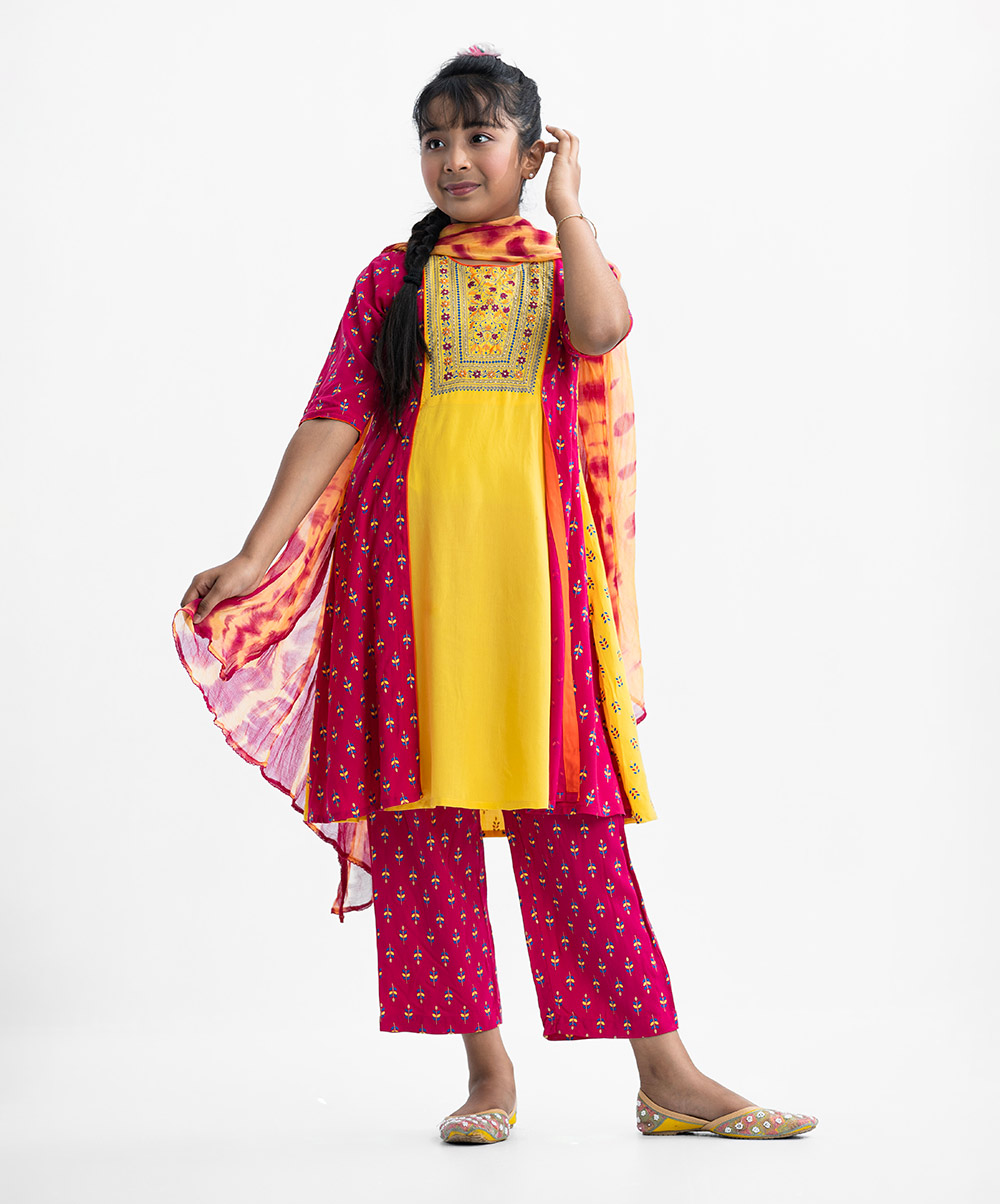 Yellow & Pink Viscose A-line Salwar Kameez