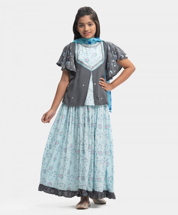 Gray & Blue Viscose Ghagra Choli