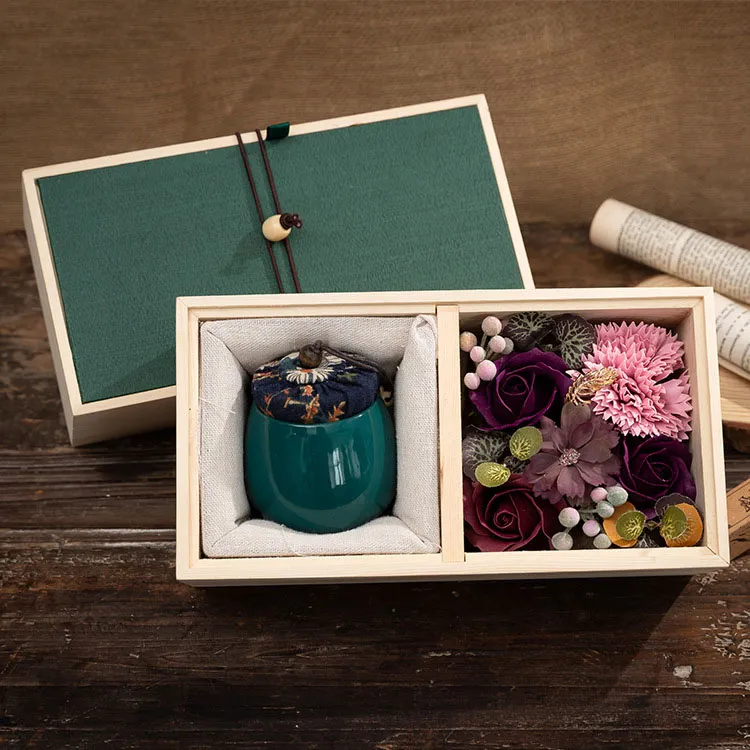 Antique Pottery Style Wooden Gift Box Set With Candle Soap Flowers